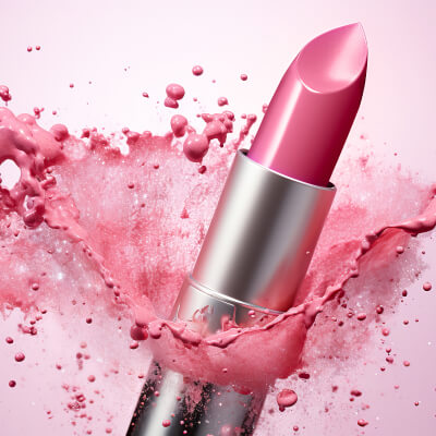 Pink lipstick with pink makeup powder splash on a pink background
