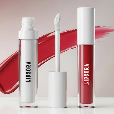 Two lip gloss products with a red liquid streak on a light background, featuring the brand 'LIPSORA'.