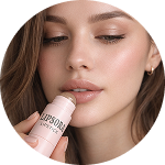 Woman applying lip balm with a close-up focus on her lips.